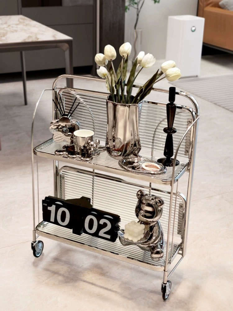 Foldable Rolling Side Table, Stainless with glass - OrzFunShop